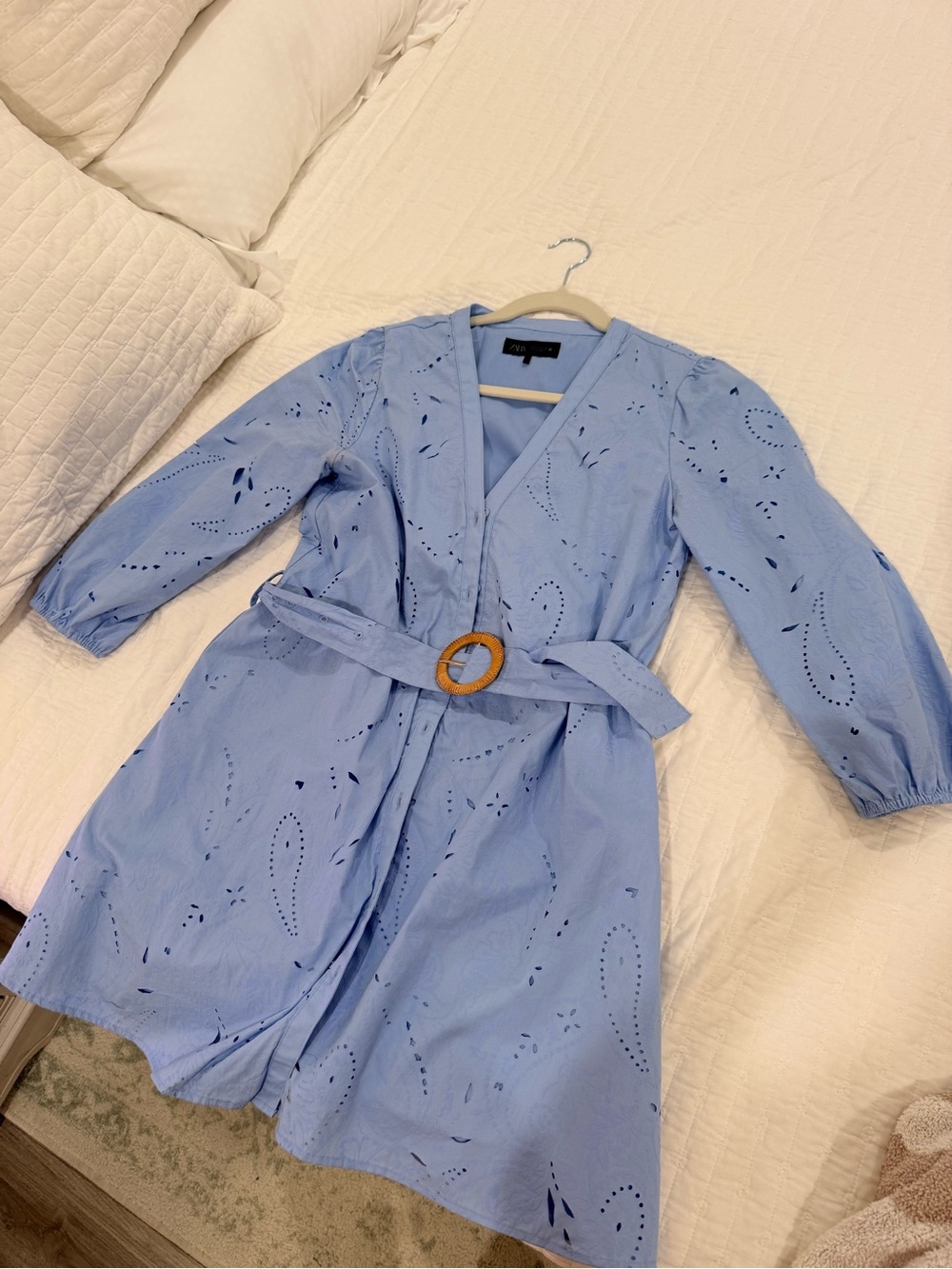 Zara Light Blue Eyelet Wrap Dress with Belt
